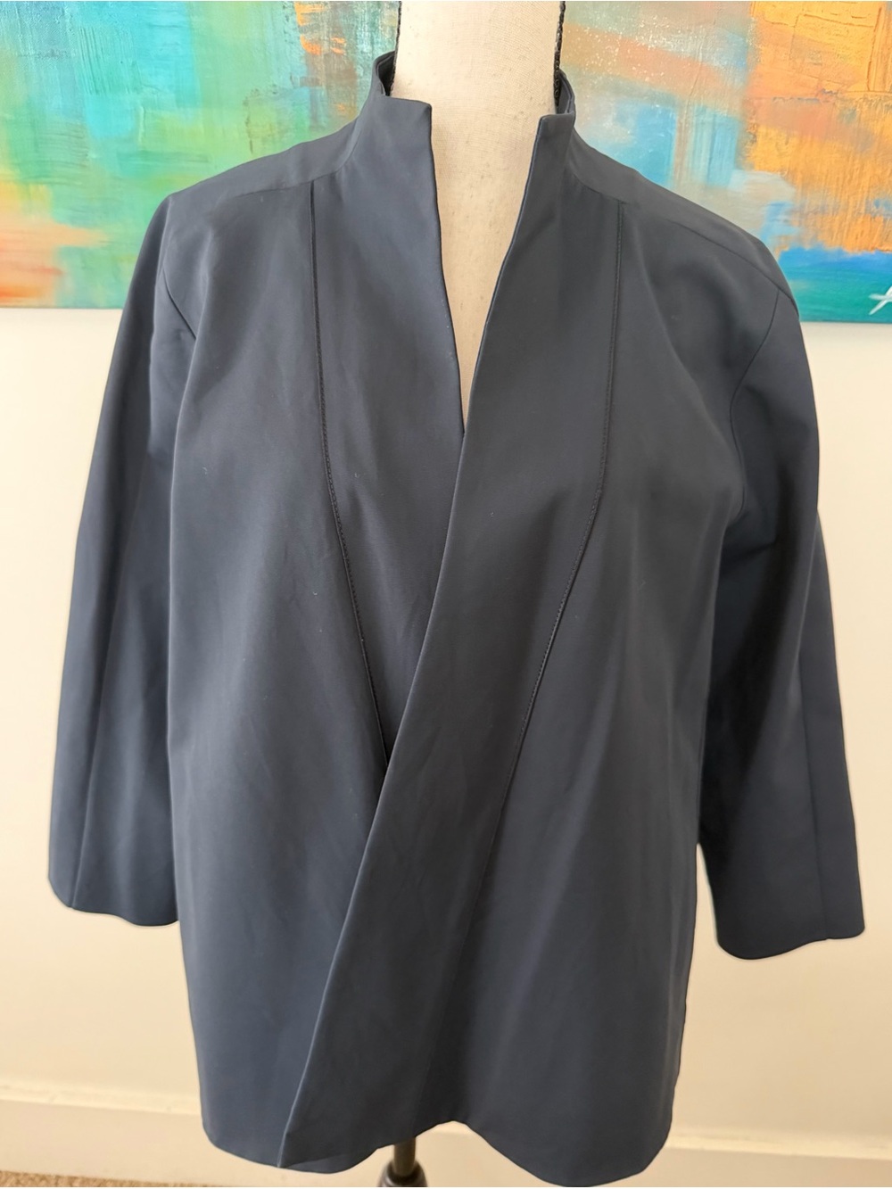 Lafayette 148 Navy Cotton Blend Open Front Swing Coat Jacket 3/4 Sleeves L